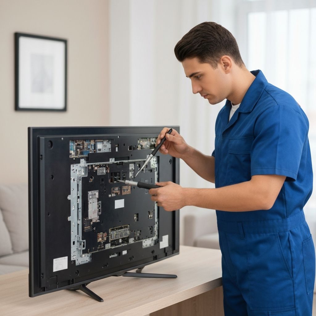 Professional TV technician repairing LED Smart TV at home